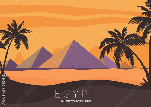 Desert View Egypt Pyramids Flat Vector Illustration