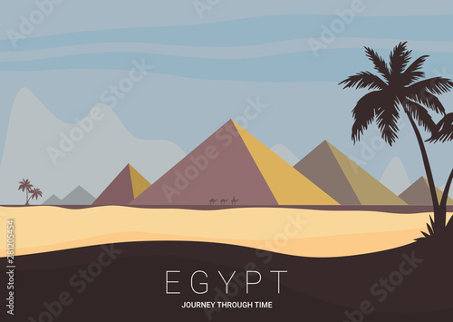 Desert View Egypt Pyramids Flat Vector Illustration