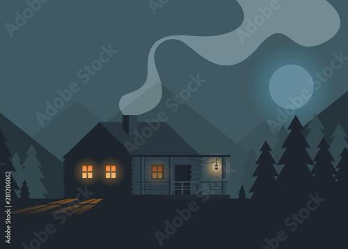 Vector illustration flat. Night forest with house