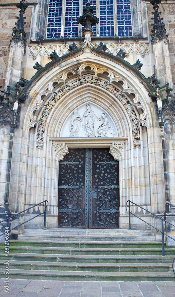 View of the door portal of St. Peter's Cathedral in old city centre, beautiful architecture, Bremen, Germany.