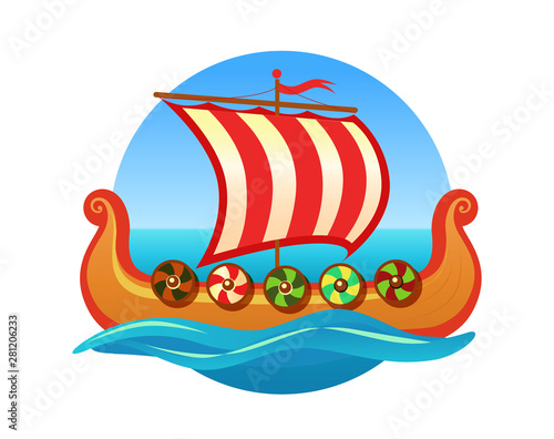 Vector emblem for Travel Agency in Scandinavia. Logo with Medieval Scandinavian longboat Drakkar. Excursions on the sea.