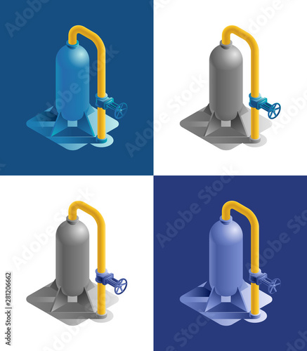 Gas Storage Station. Equipment part of an industrial gas distribution system in form of a tank with a tube branch and a valve, which are represented in isometric view and different color variations.