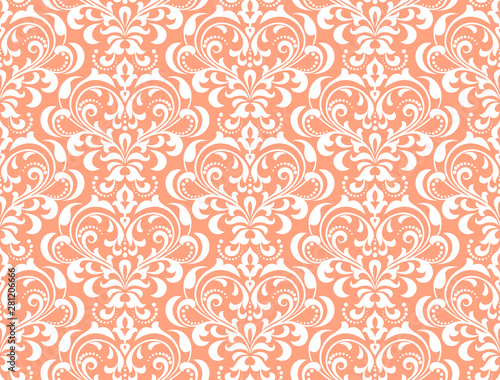 Wallpaper in the style of Baroque. Seamless vector background. White and pink floral ornament. Graphic pattern for fabric, wallpaper, packaging. Ornate Damask flower ornament