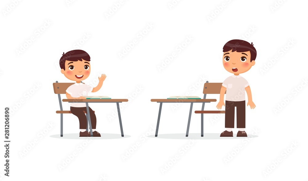 Pupils at lesson flat vector illustrations set. School boy raising hand in classroom for answer, confused pupil thinking task solution cartoon characters. Elementary school education process