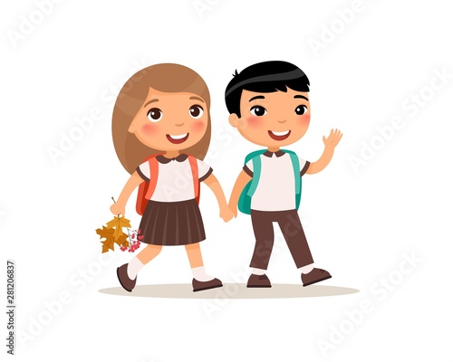Schoolmates going to school flat vector illustration