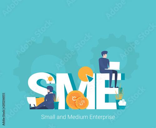 SME, Small and Medium Enterprise. Concept with people, letters and icons.