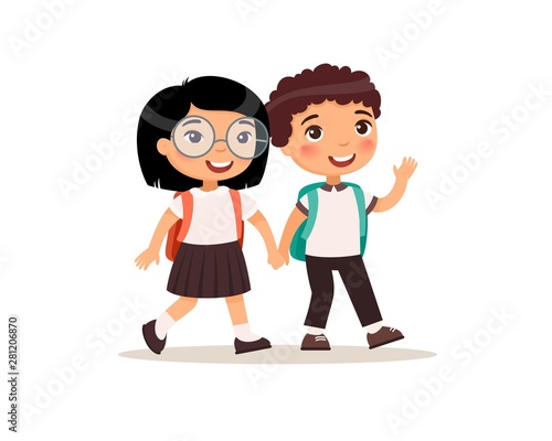 Schoolmates going to school flat vector illustration. Couple pupils in uniform holding hands isolated cartoon characters. Happy elementary school students with rucksack back to school after holidays
