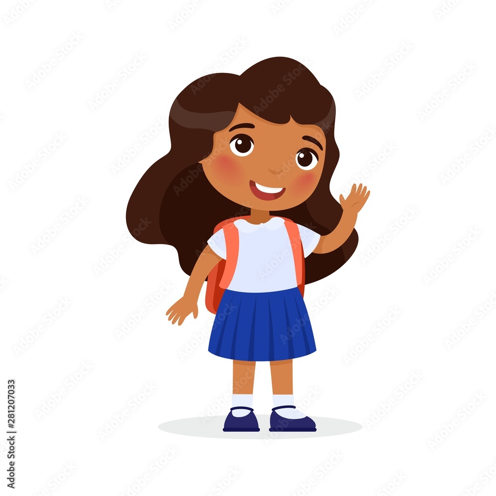 School girl, happy student flat vector illustration. Waving girl with  backpack isolated cartoon character. Elementary school pupil. Cheerful  indian young lady. Back to school Stock Vector | Adobe Stock