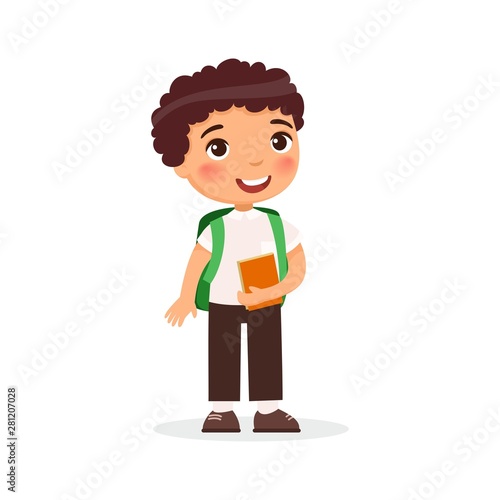 School boy, happy teenager flat vector illustration. Boy with book and backpack isolated cartoon character. Elementary school pupil going to lesson. Cheerful caucasian young schoolboy. Back to school