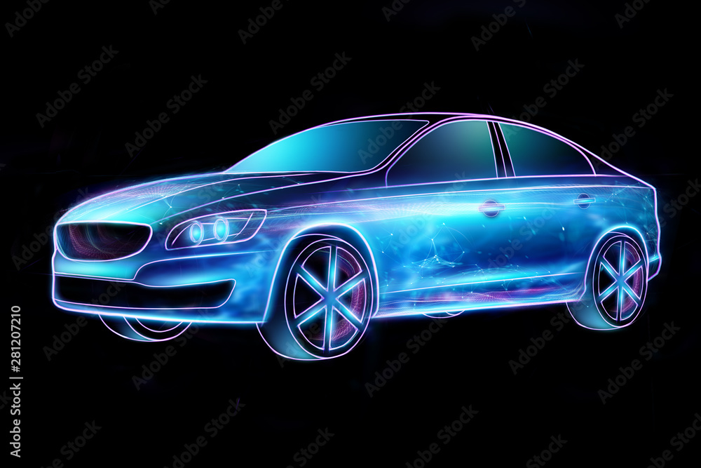 Hologram car isolated on dark background. Car frame. 3D Render, 3D illustration