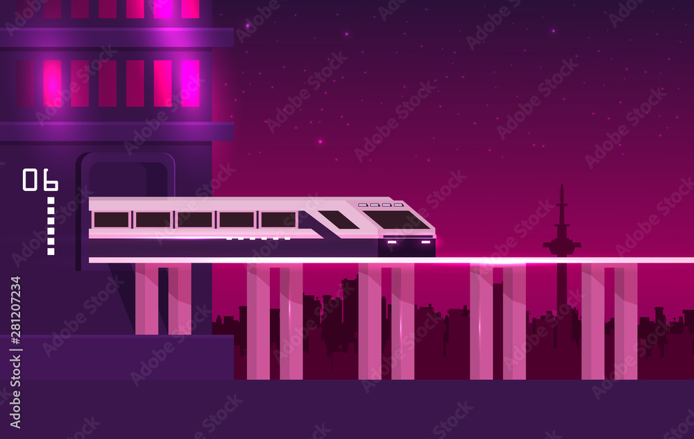 Fototapeta premium Retro future train on railway. Vector travel concept background.