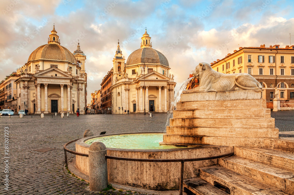 Piazza del Popolo (People's Square), Rome, Italy. Churches of Santa Maria in Montesanto and Santa Maria dei Miracoli. Rome architecture and landmark.