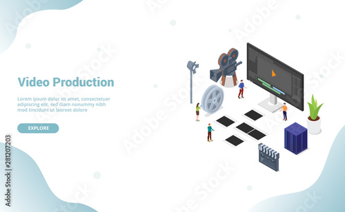 video editing production concept with team people and editor with modern isometric flat style for website template or landing homepage - vector