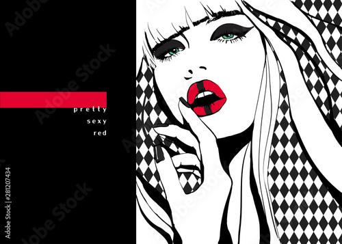 Fashion portrait of young elegant woman. Colored background