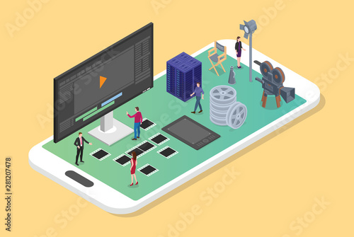 mobile video editing and production on the smartphone with various set of movies productions with modern isometric flat style - vector