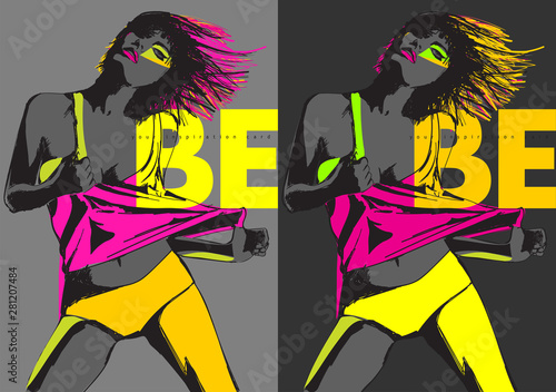 Color fashion woman neon lights. Rainbow make-up, portrait. Colorful color scheme
