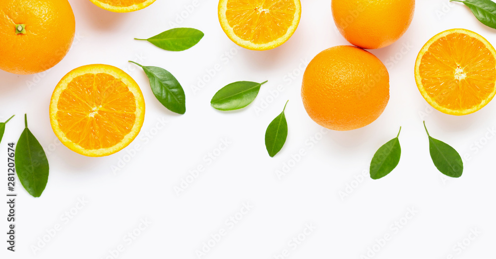 Fresh orange citrus fruit with leaves isolated on white background. Fresh orange citrus fruit with leaves isolated on white background.