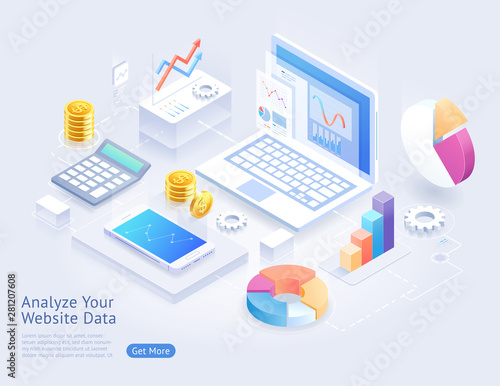 Analyze website application development vector isometric illustrations..