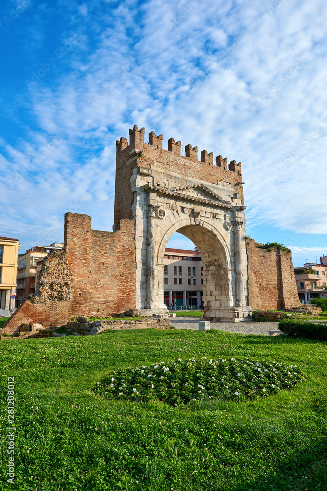 Fototapeta premium Famous place in Rimini, Italy. Arch of Augustus, the ancient gate of the city.