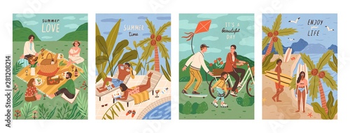 Set of flyers with people performing outdoor leisure activities - friends at picnic, couple sunbathing at swimming pool, surfers on tropical beach. Summer vacation cards. Flat vector illustration.