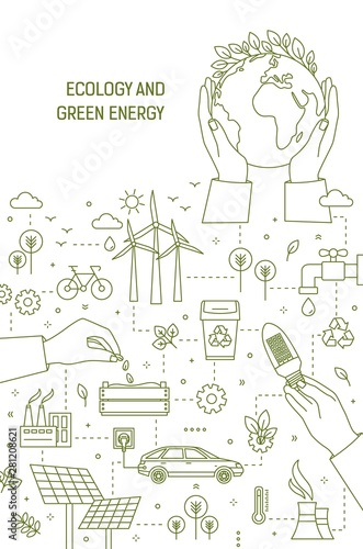 Flyer template with hands holding planet Earth, lightbulb and seeds surrounded by wind and solar power stations, electric car. Ecology, green energy generation. Monochrome linear vector illustration.