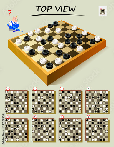 Logic puzzle game for smartest. Need to find correct top view of checkerboard. Printable page for brain teaser book. Developing spatial thinking skills. Vector cartoon image.