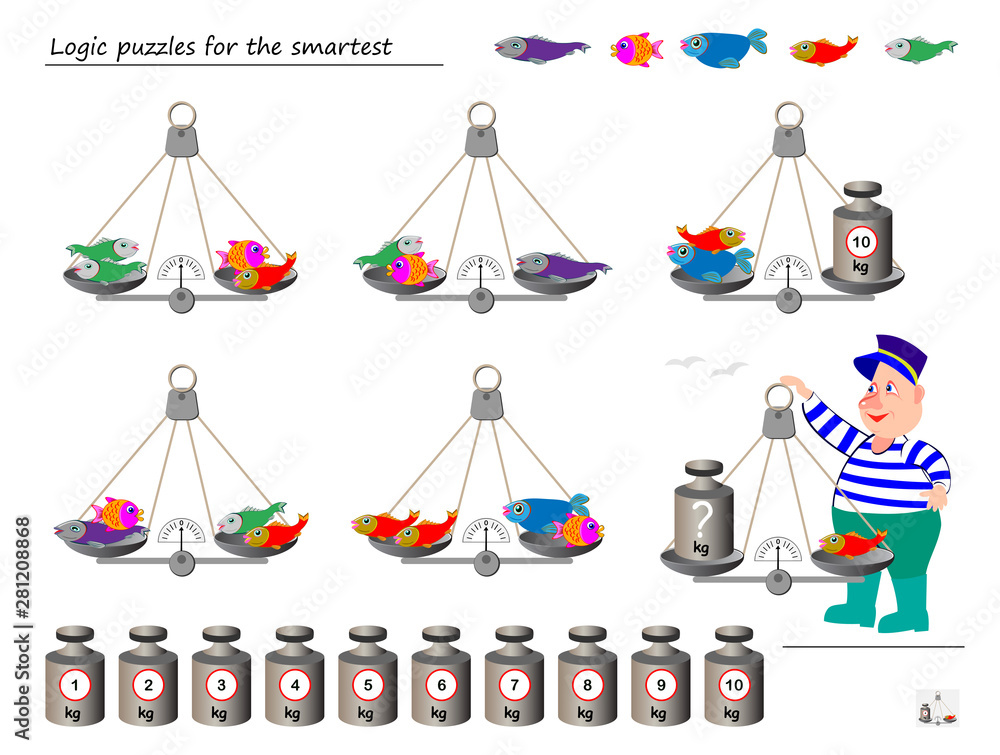 Mathematical logic puzzle game. Help the fisherman to calculate the weight of fish. What weight