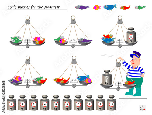 Mathematical logic puzzle game. Help the fisherman to calculate the weight of fish. What weight must put on weighing scales? Printable page for brainteaser book. Developing spatial thinking skills.