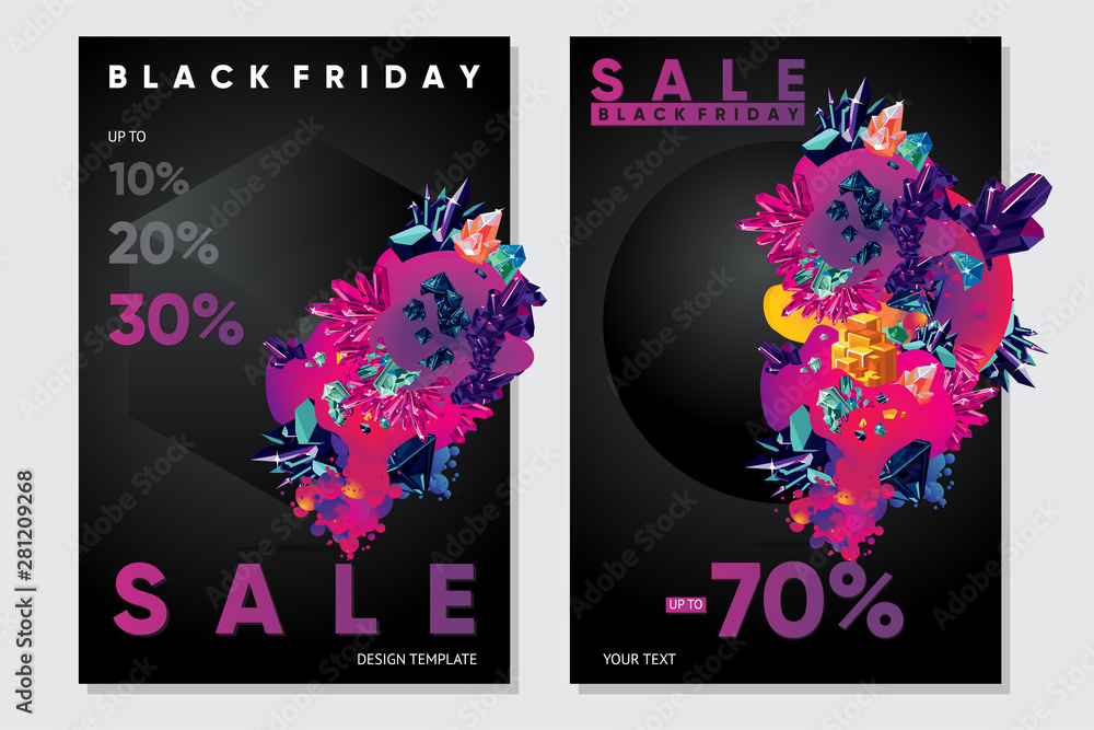 Black friday sale posters with abstract 3d element and particles. Vector template for christamas discount. - obrazy, fototapety, plakaty 