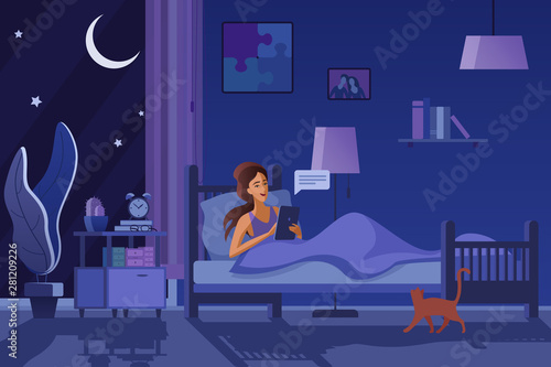 Young woman texting at night flat vector illustration. Girl in bed, sending messages, chatting online drawing. Evening room interior design. Smiling female cartoon character using tablet, cat sleeping