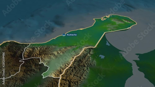 La Guajira - department of Colombia with its capital zoomed on the physical map of the globe. Animation 3D photo