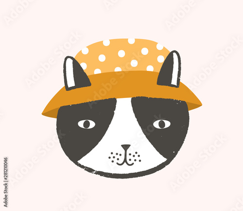 Adorable face or head of cat wearing bucket hat