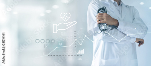 Fototapeta Naklejka Na Ścianę i Meble -  Healthcare business graph and Medical examination, Health Insurance, Doctor with stethoscope in hand and data growth chart ,Medical and medicine business on hospital background.