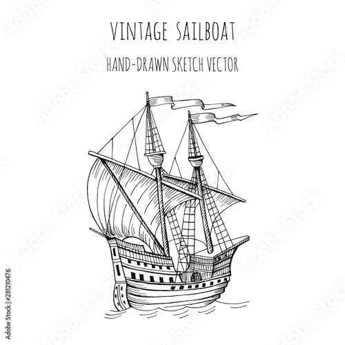 Old caravel, vintage sailboat. Hand drawn sketch. Detail of the old geographical or fanasy maps of sea.