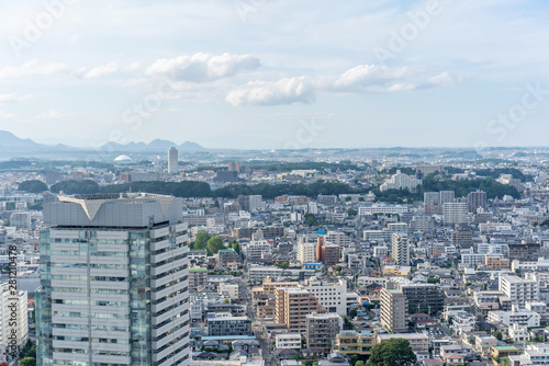 city skyline aerial view of Sendai in Japan