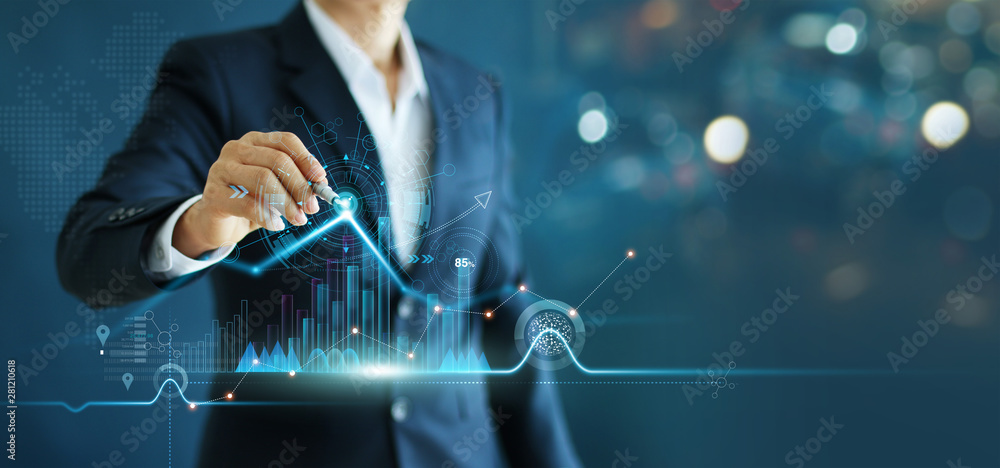 Businessman drawing growth graph chart sales and data economic on global structure networking connection. - obrazy, fototapety, plakaty 