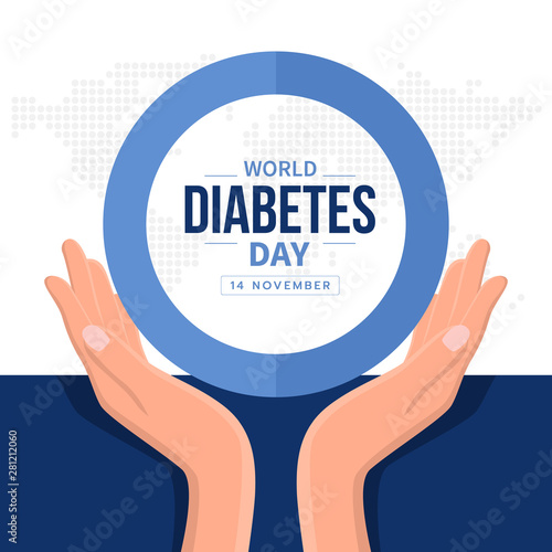 world diabetes day banner with hand hold care text in blue circle ring sign and abstract dot map earth world texture background vector design