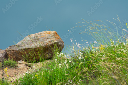 big stone and meadow flowers against the blue sky