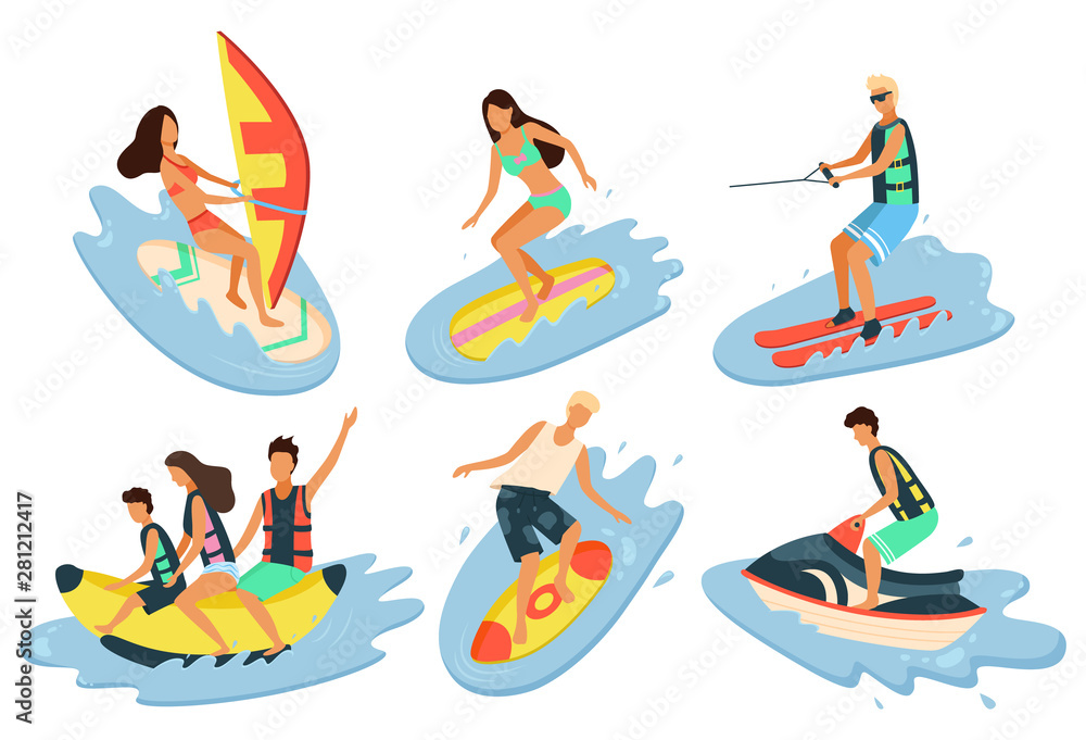 Summer water jet transport by seaside vector, man and woman sitting on banana boat. Windsurfer woman, windsurfing hobby vacation by coast surfer on board. Summertime activity set
