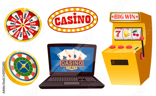 Game machine and laptop for playing online vector, laying bets in internet with computer. Roulette with dollars, wheel and pointer and segments set. Objects for gaming in casino