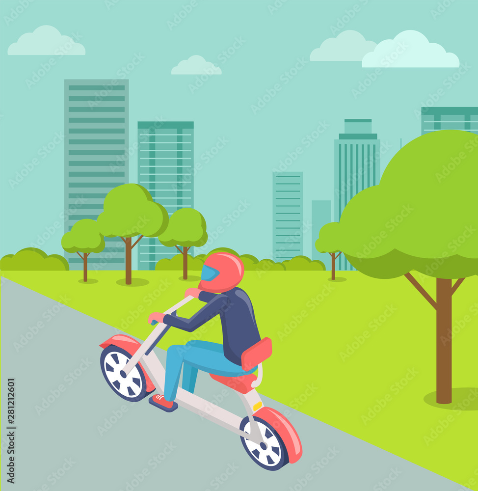 Male riding motorbike vector, biker on vehicle in city flat style street with trees and lawns, skyscrapers, motorcyclist man commuting to downtown