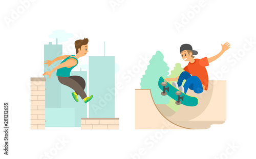 Man running by roof of building, teenager training in skatepark, smiling people and outdoor activity, parkour and skateboarding modern sports vector