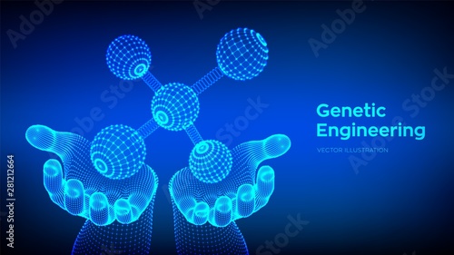 Molecule in hands. Dna, atom, neurons. Molecules and chemical formulas. 3D Scientific molecule background for medicine, science, technology, chemistry, biology. Vector illustration.