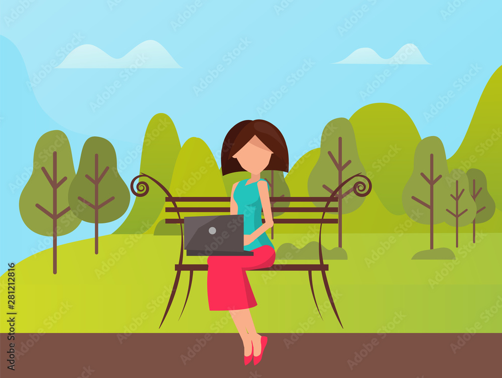 Female sitting on bench and using laptop, working outdoor. Portrait view of woman with wireless device, mountain landscape and green nature vector Female sitting on bench and using laptop, working outdoor. Portrait view of woman with wireless device, mountain landscape and green nature vector