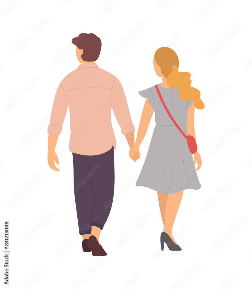 Happy people walking holding hands, back view. Vector isolated man and woman spending time together. Cartoon lady with sack and brunette guy in trousers