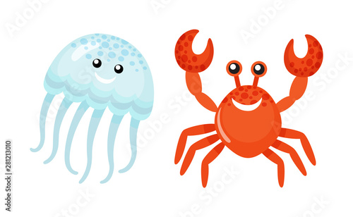Red crab waving claws and smiling vector, jellyfish summer character. Oceanic natural creatures with face smiling, medusa with tentacles and smile