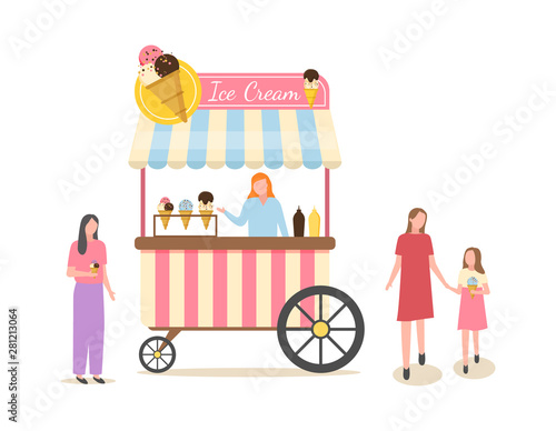 Summer store with ice cream vector, saleswoman selling dessert for people, custormers mother and daughter, lady buying delicious products from shop