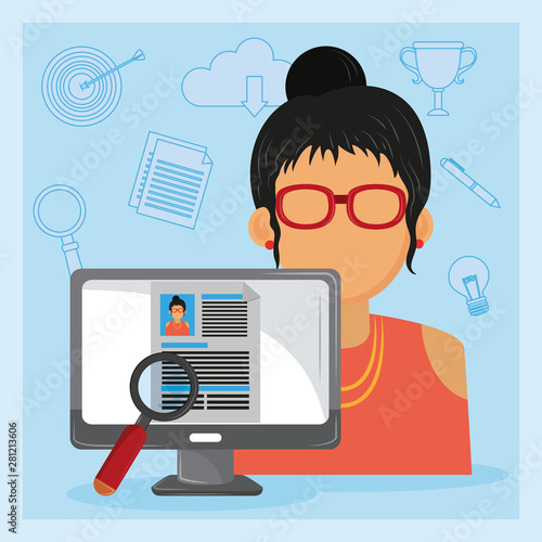 Job interview computer with checking worker CV profile