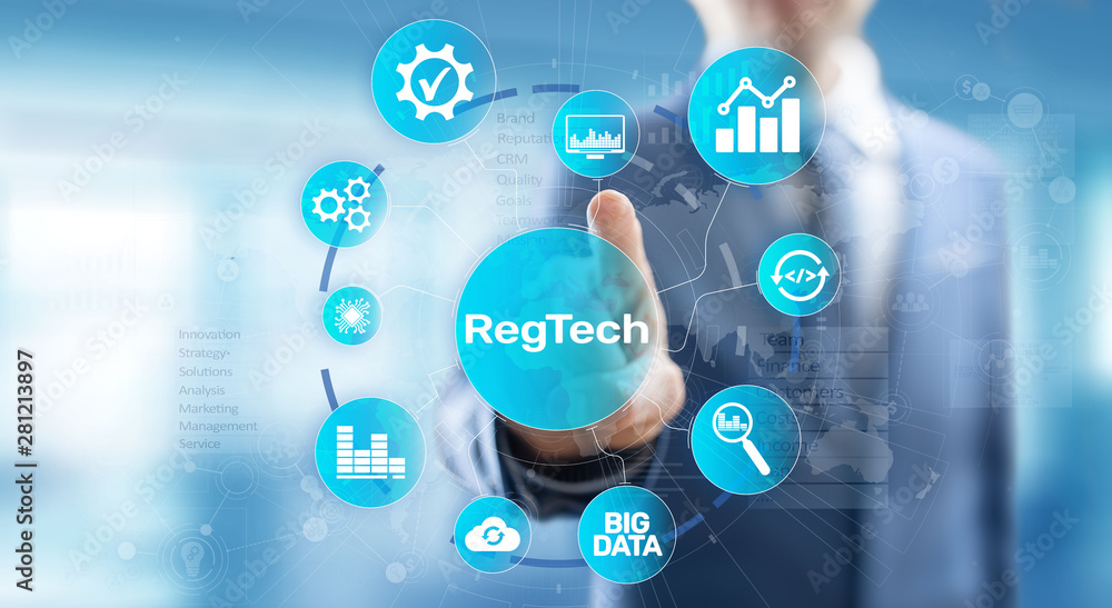 Fototapeta premium RegTech Regulation Compliance financial control modern internet technology concept on virtual screen.