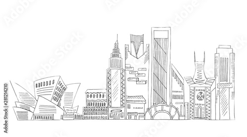 Illustration of sketch drawing black contour of skyline cities on a white isolated background.